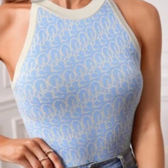 Shein Allover Pattern Halter Knit Top Blue Size Large - Picture 8 of 8